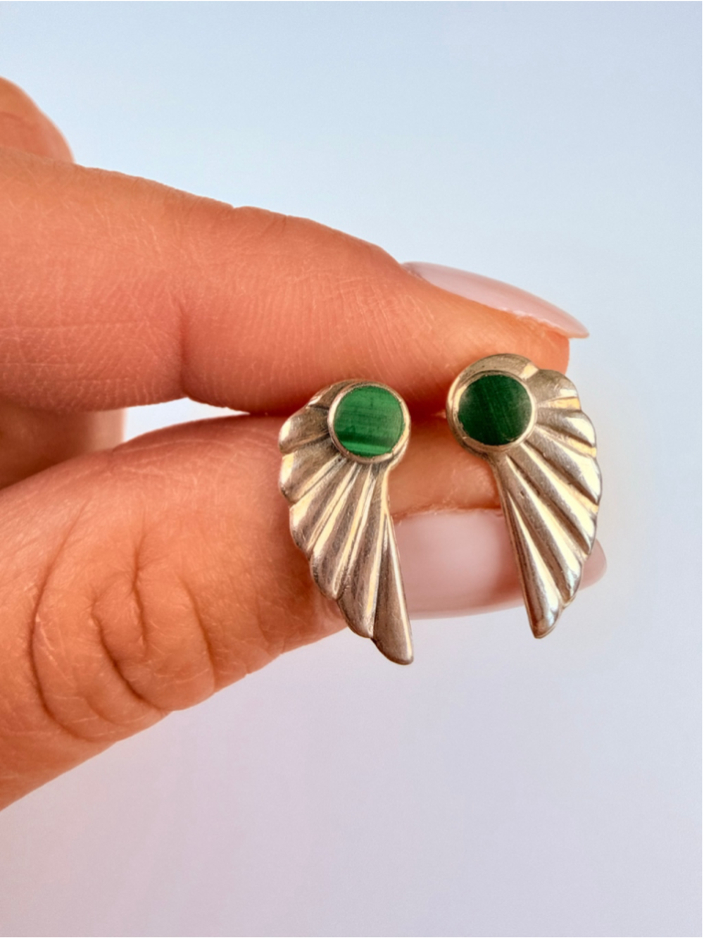 Southwestern Wing Fans Malachite 925 Sterling Silver Stud Vintage Earrings